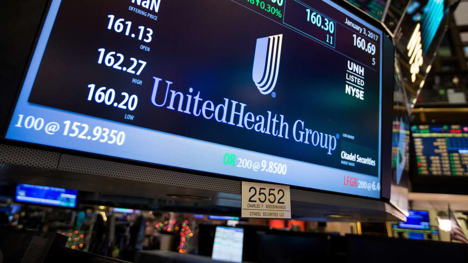 UnitedHealth Group signage is displayed on a monitor on the floor of the New York Stock Exchange.