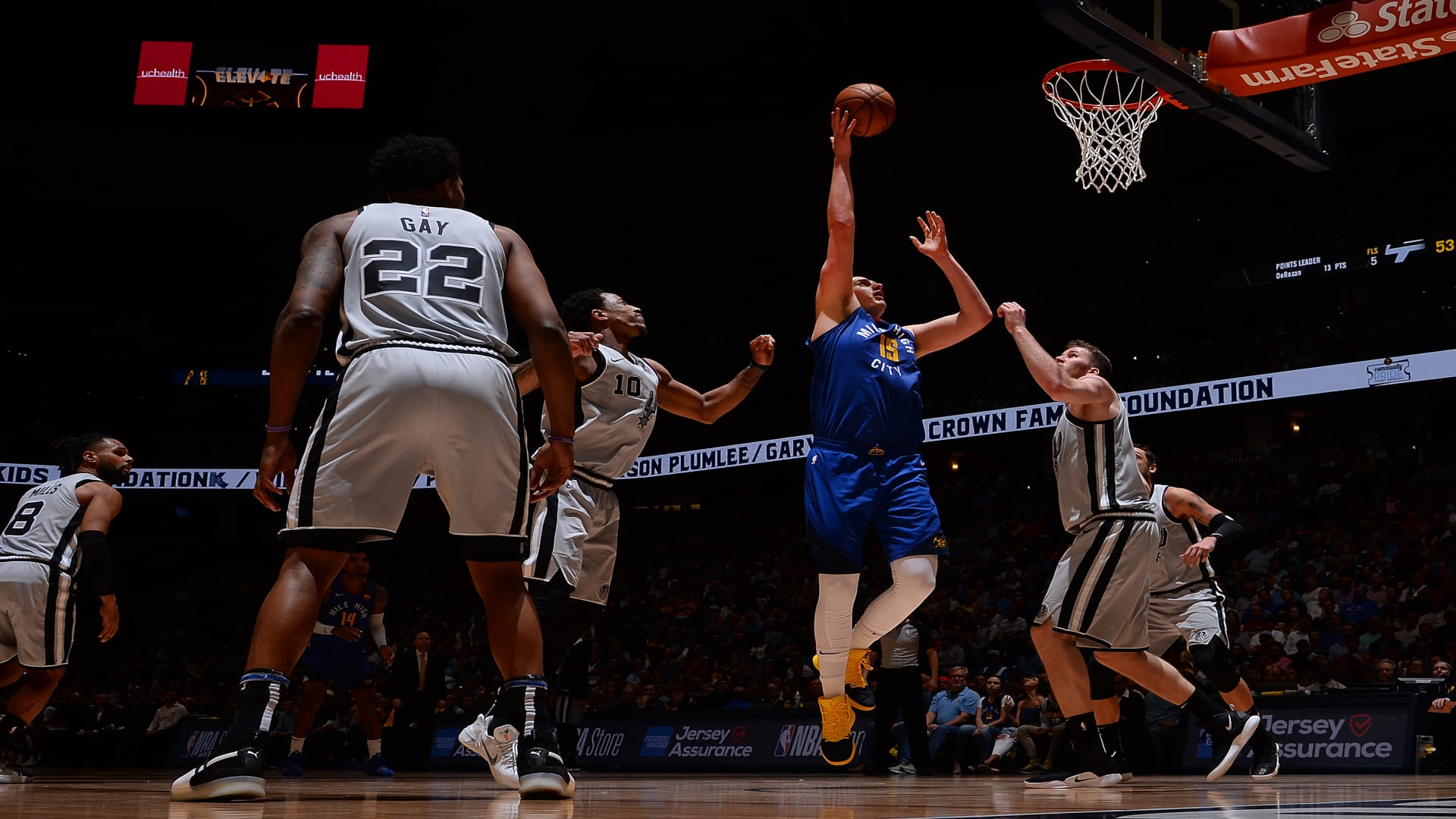 Nikola Jokic #15 of the Denver Nuggets shoots the ball during the game against the San Antonio Spurs during Game Five of Round One of the 2019 NBA Playoffs on April 23, 2019 at the Pepsi Center in Denver, Colorado.