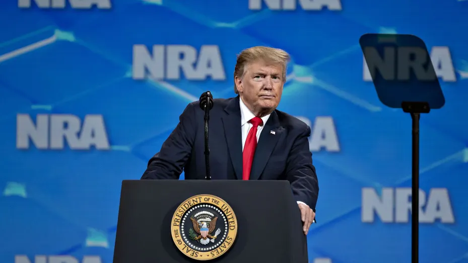 U.S President Donald Trump pauses while speking at the National Rifle Association Institute for Legislative Action (NRA-ILA) Leadership Forum during the NRA annual meeting in Indianapolis, Indiana, U.S., on Friday, April 26, 2019.