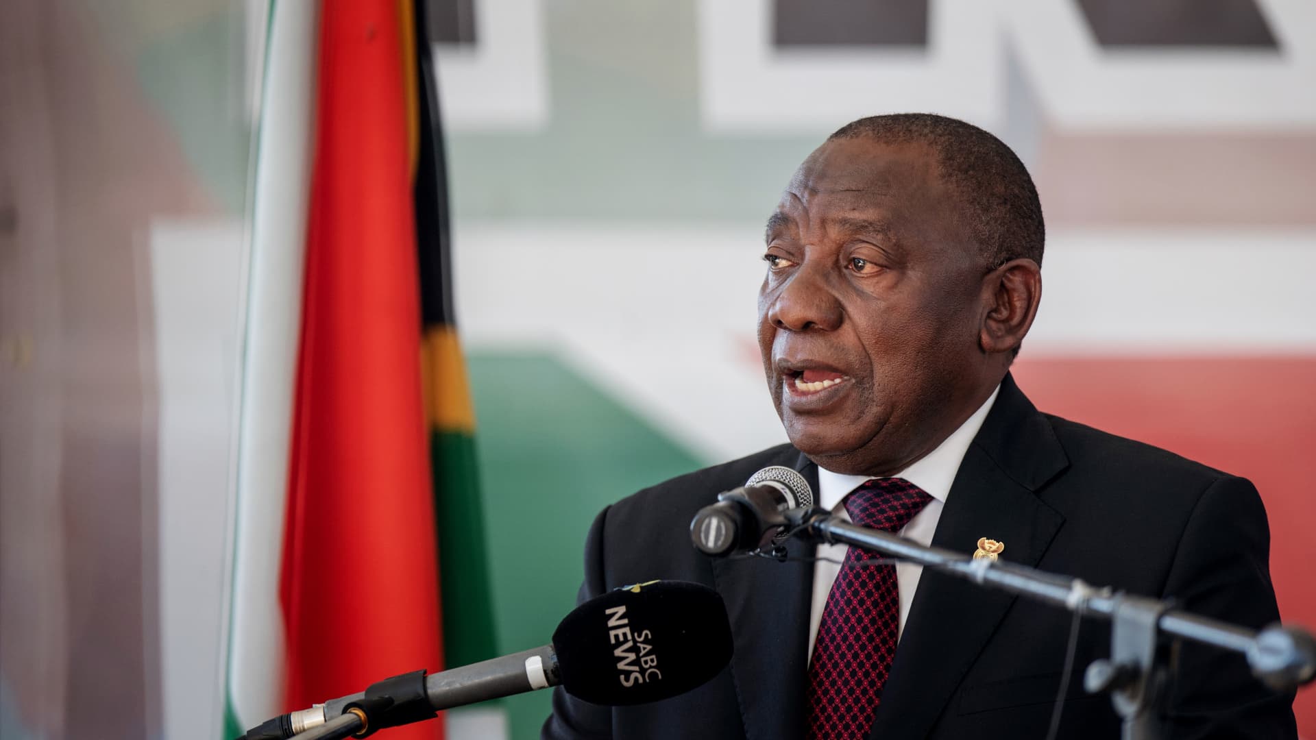 South African President Cyril Ramaphosa addresses the crowd gathered at the Miki Yili Stadium, ahead of the celebrations for the 25th anniversary of Freedom Day, in Makhanda, Eastern Cape Province on April 27, 2019.
