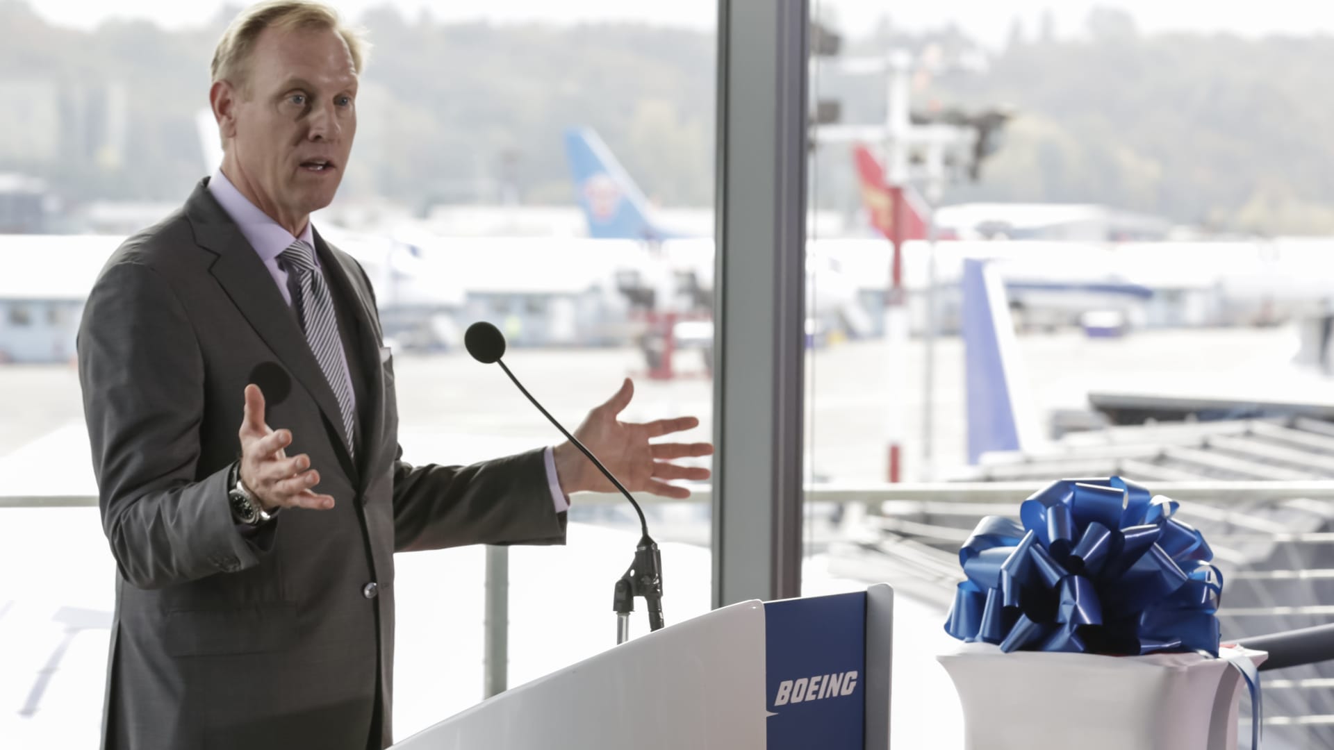 Pat Shanahan, then-senior vice president of Airplane Programs for Boeing Commercial Airplanes, speaks during the grand opening of the new Boeing 737 Delivery Center on October 19, 2015 in Seattle, Washington.
