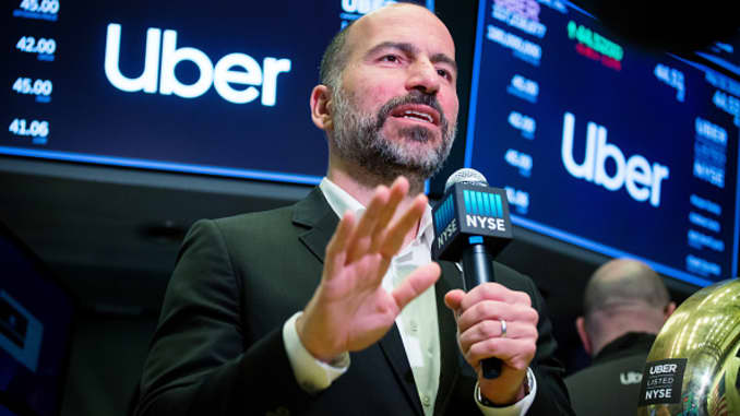 Dara Khosrowshahi, chief executive officer of Uber Technologies Inc., speaks on a webcast during the company's initial public offering (IPO) on the floor of the New York Stock Exchange (NYSE) in New York, U.S., on Friday, May 10, 2019.