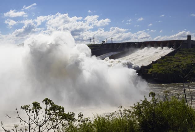 GP: Brazil, Itaipu Dam, Water flowing over spillway of dam