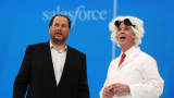 Salesforce co-CEO Marc Benioff, left, and the company's chief technology officer, Parker Harris, look on during a keynote address at Salesforce's 2013 Dreamforce conference in San Francisco on Nov. 19, 2013.