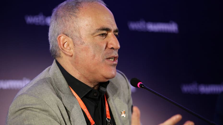 Former world chess champion Garry Kasparov speaks during 2018's Web Summit in Lisbon, Portugal.