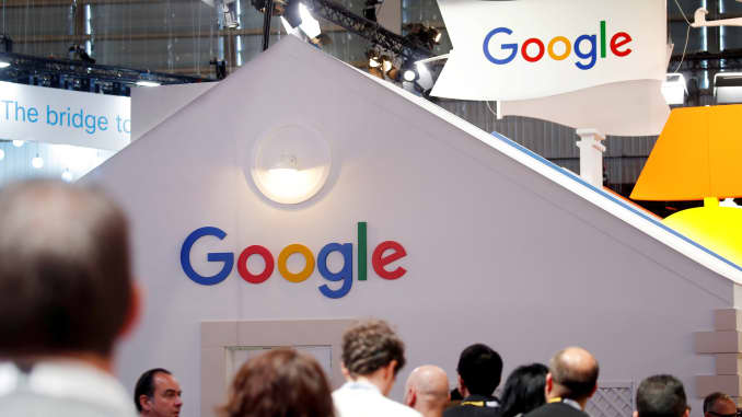 Visitors pass by the logo of Google at the high profile startups and high tech leaders gathering, Viva Tech, in Paris, France May 16, 2019.