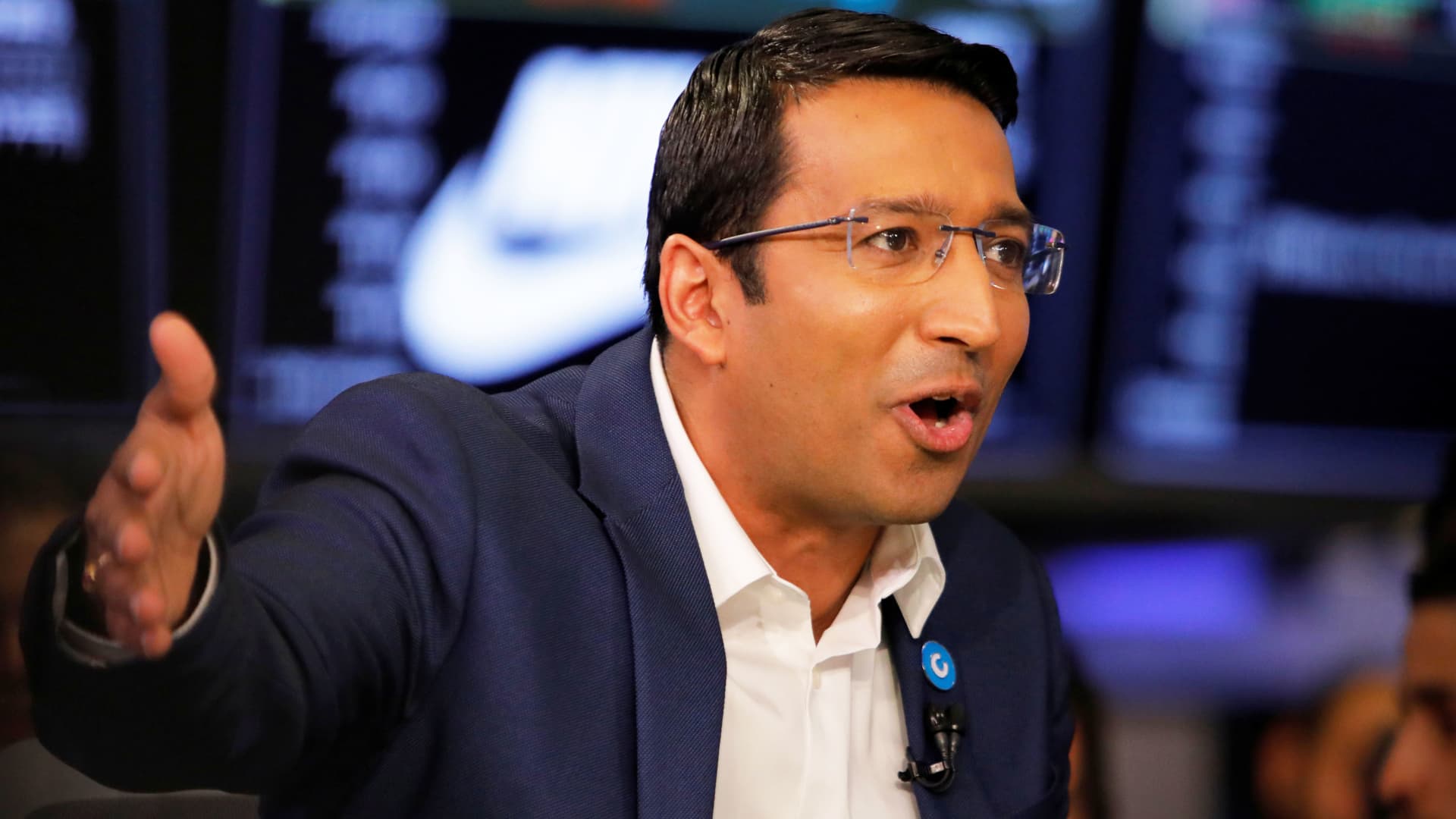 Chewy CEO Sumit Singh is interviewed on CNBC during the Chewy IPO at the New York Stock Exchange, June 14, 2019.