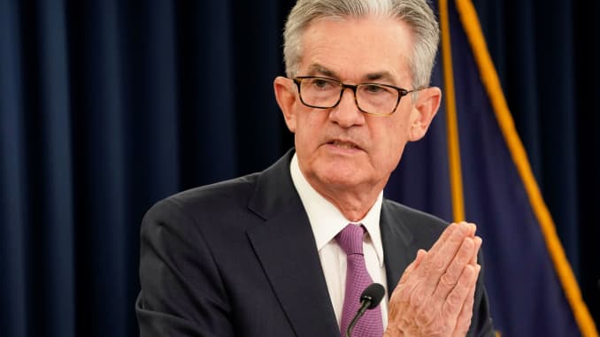 Federal Reserve Chairman Jerome Powell holds a news conference following a two-day Federal Open Market Committee meeting in Washington, June 19, 2019.