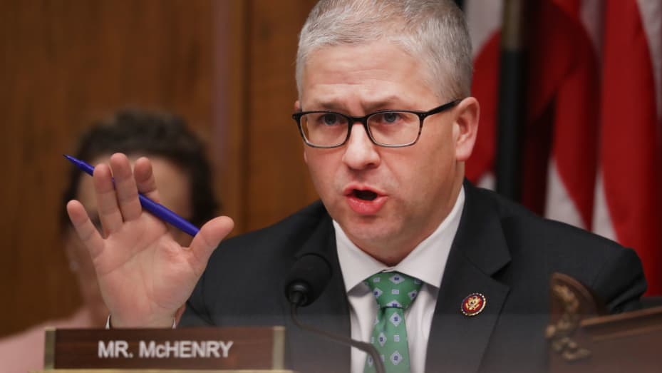 Rep. Patrick McHenry, a Republican of North Carolina and ranking member of the House Financial Services Committee, speaks during a hearing in Washington, D.C.