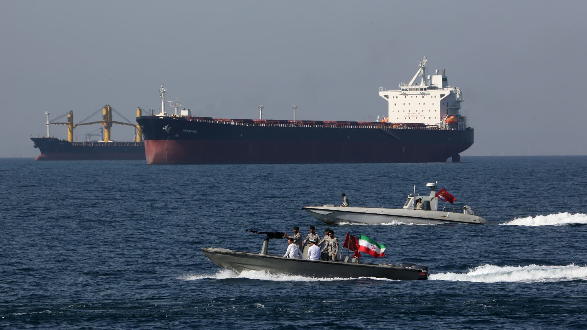 Tankers depicted in the Strait of Hormuz — a strategically important waterway which separates Iran, Oman and the United Arab Emirates.