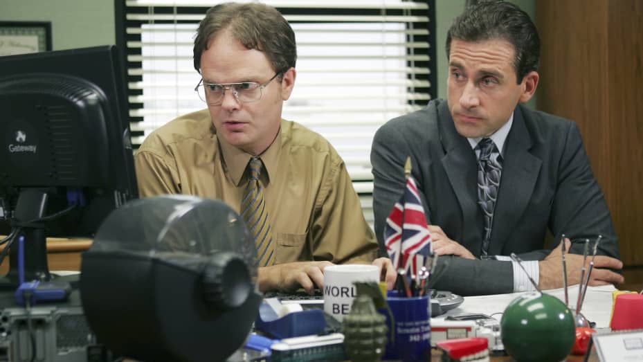 Pictured: (l-r) Rainn Wilson as Dwight Schrute and Steve Carell as Michael Scott in an episode of "The Office."