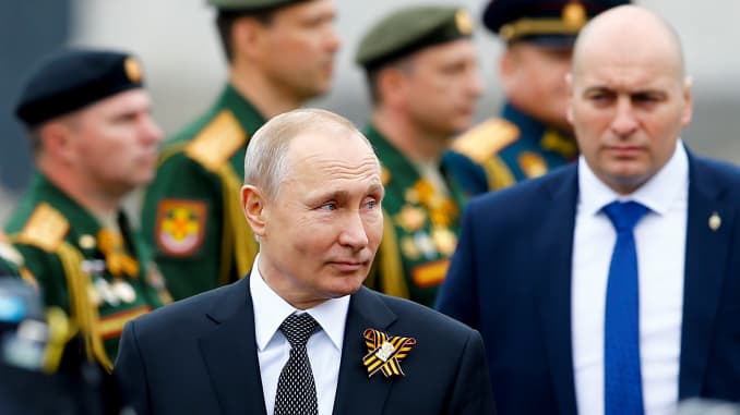 Russian President Vladimir Putin attends a Victory Day military parade marking the 74th anniversary of the end of World War II.