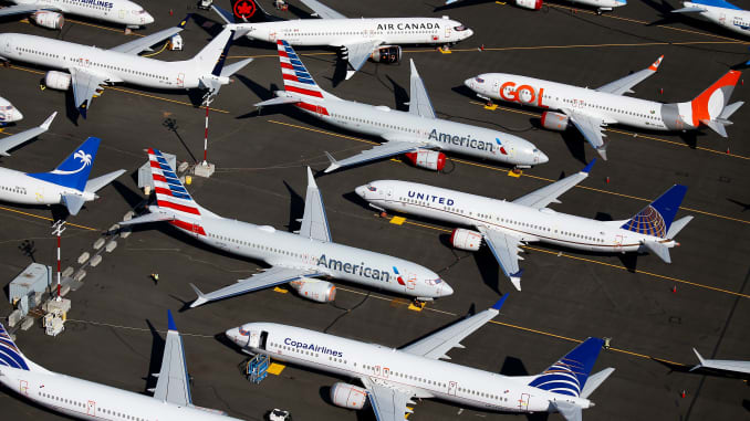 Grounded Boeing 737 MAX aircraft are seen parked in an aerial photo at Boeing Field in Seattle, Washington, July 1, 2019.