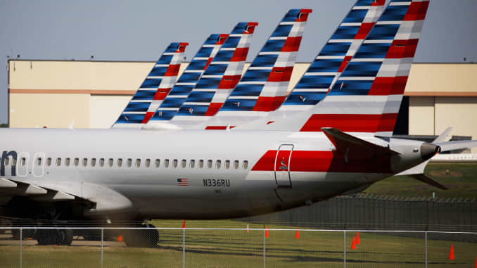 American Airlines Boeing 737 Max planes sit parked outside of a maintenance hangar at Tulsa International Airport (TUL) in Tulsa, Oklahoma, May 14, 2019.