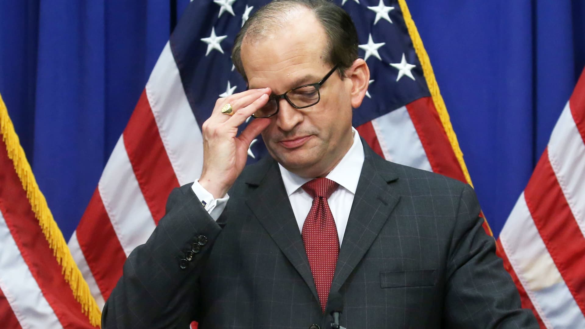 U.S. Labor Secretary Alexander Acosta makes a statement on his involvement in a non-prosecution agreement with financier Jeffrey Epstein, who has now been charged with sex trafficking in underage girls, during a news conference at the Labor Department in Washington, July 10, 2019.