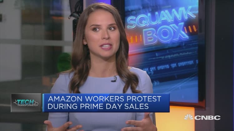 Amazon workers protest during Prime Day sales