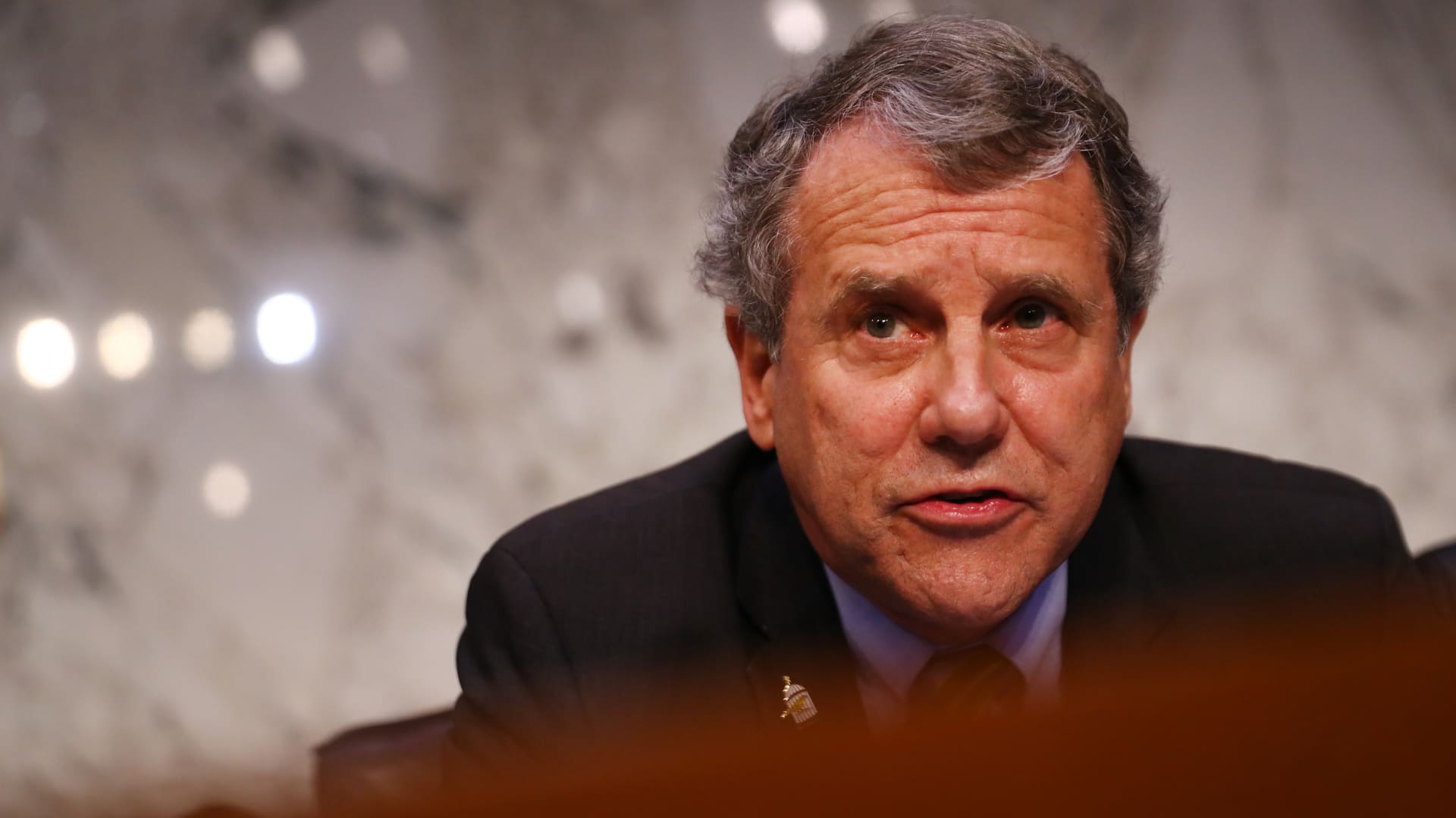 Sen. Sherrod Brown, D-Ohio, and ranking member of the Senate Banking Committee, speaks at a Washington, D.C., hearing on July 16, 2019.