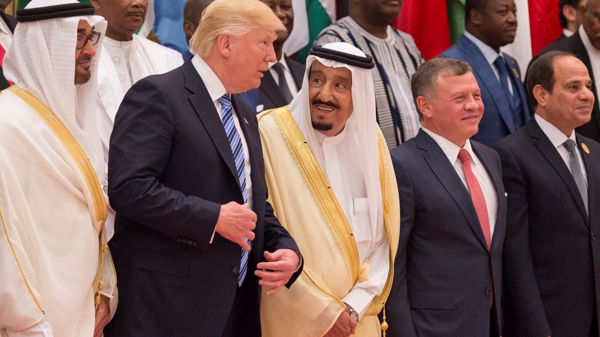 U.S. President Donald Trump (2nd L) and Saudi Arabia's King Salman bin Abdulaziz Al Saud (C) at the the Arabic Islamic American Summit in Riyadh, Saudi Arabia on May 21, 2017.