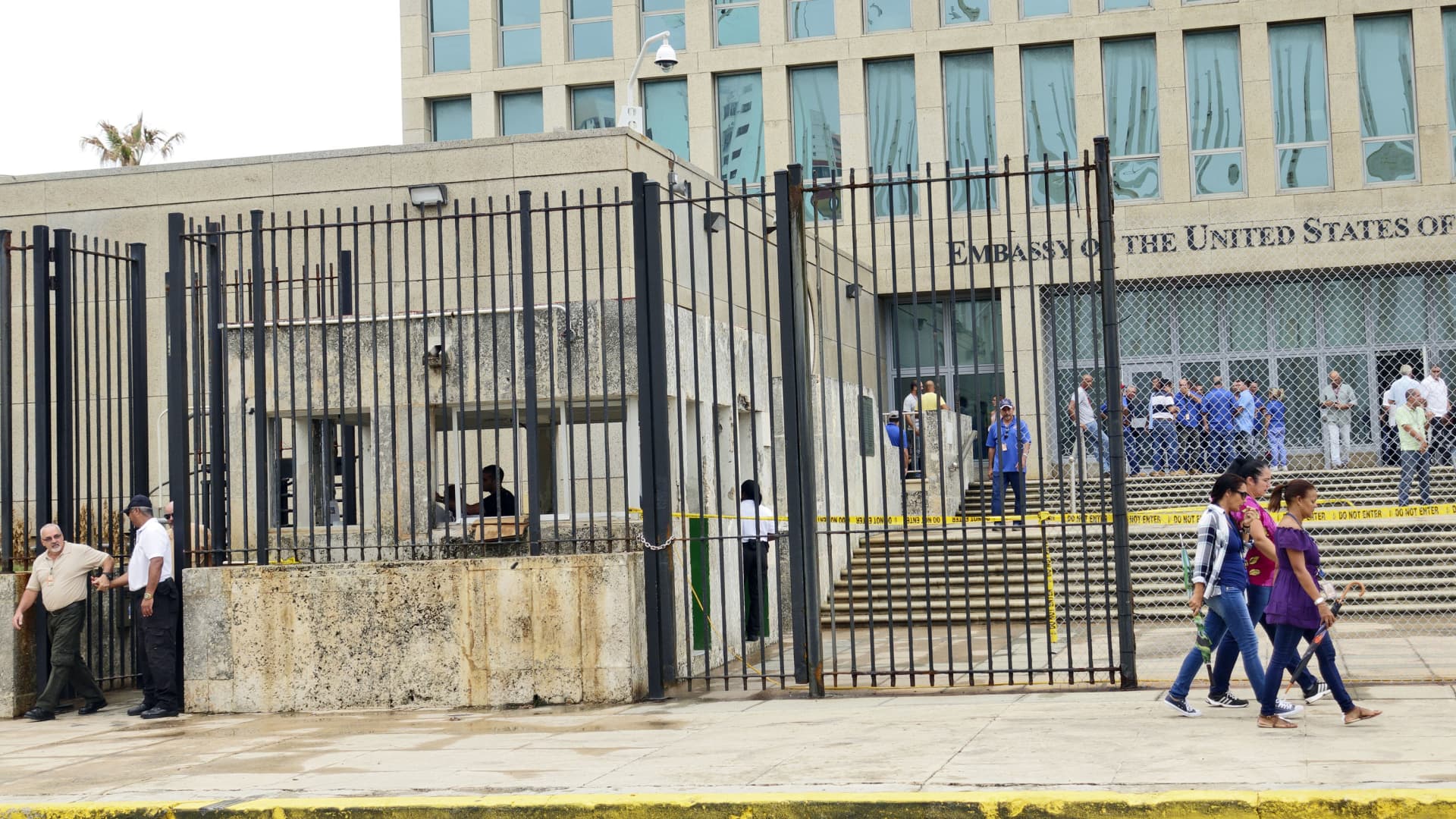 Personnel gather at the U.S. Embassy on September 29, 2017 in Havana, Cuba.