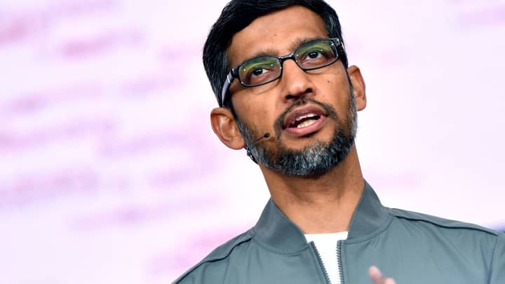 Google CEO Sundar Pichai speaks during the Google I/O keynote session at Shoreline Amphitheatre in Mountain View, California, May 7, 2019.