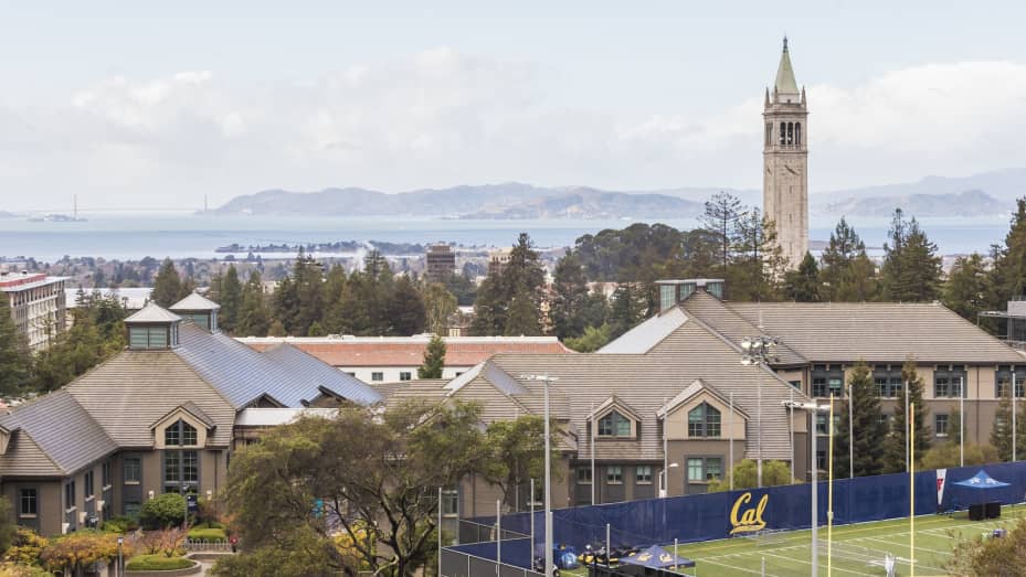 A general view of the University of California Berkeley campus including Sather Towe. The Haas School of Business is visible in foreground and the San Francisco Bay in the background.