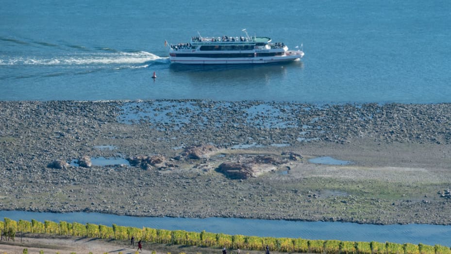 A passenger ship passing close to exposed rocks when Rhine water levels dropped back in 2018.