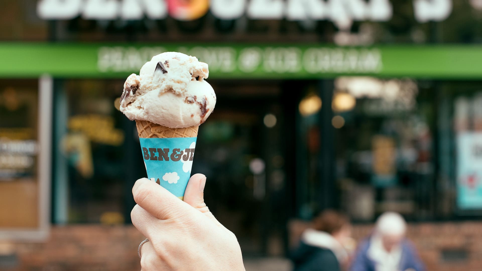 A scoop on Ben and Jerry's Cherry Garcia ice cream on Free Cone Day in 2016.