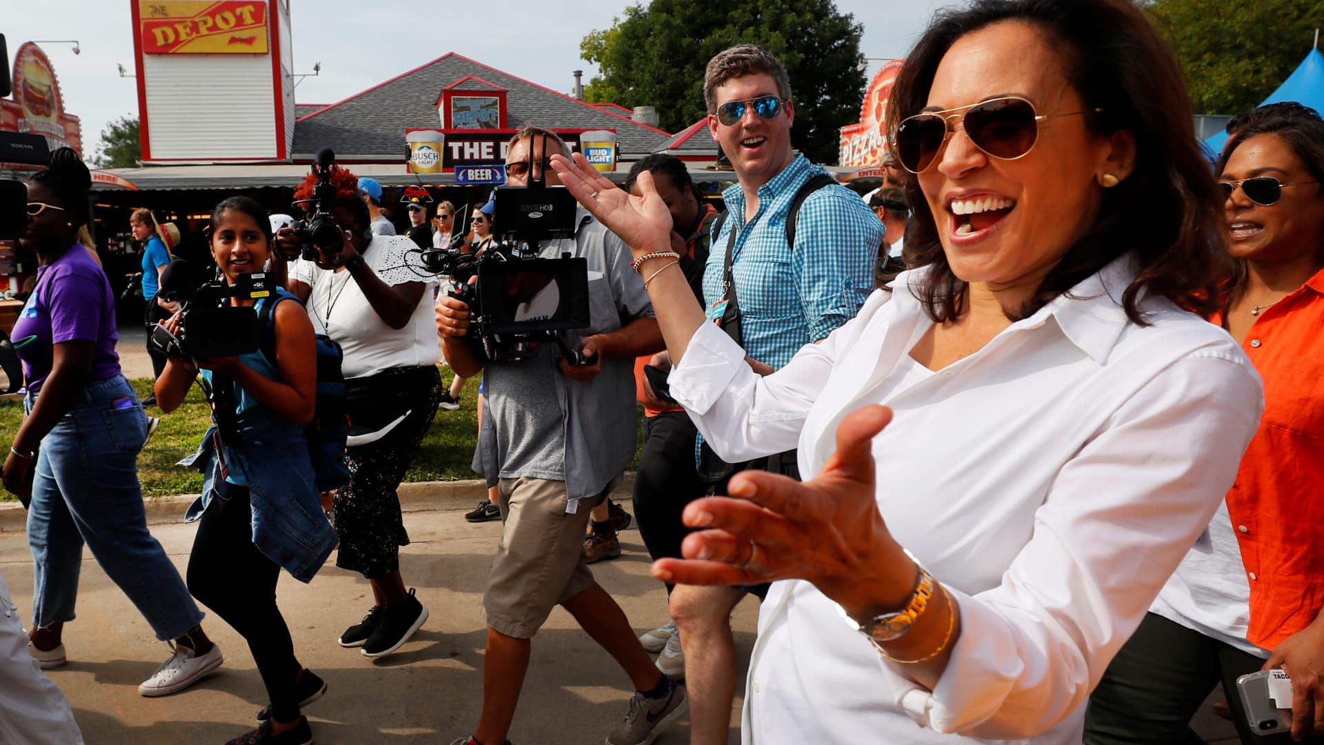 2020 U.S. Democratic presidential candidate and U.S. Senator Kamala Harris (D-CA) arrives at the Iowa State Fair in Des Moines, Iowa, August 10, 2019.