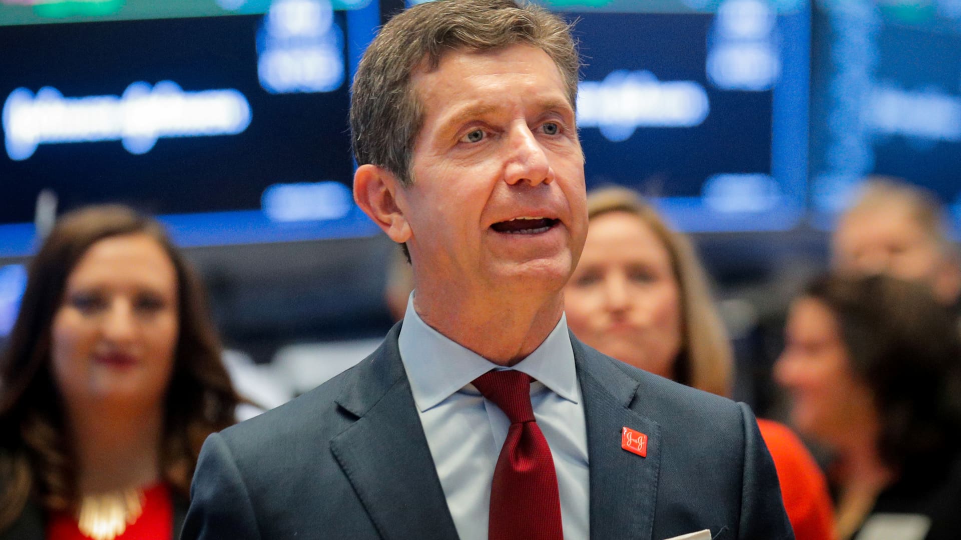 Alex Gorsky, Chairman and CEO of Johnson & Johnson, celebrates the 75th anniversary of his company's listing on the floor at the New York Stock Exchange, September 17, 2019.