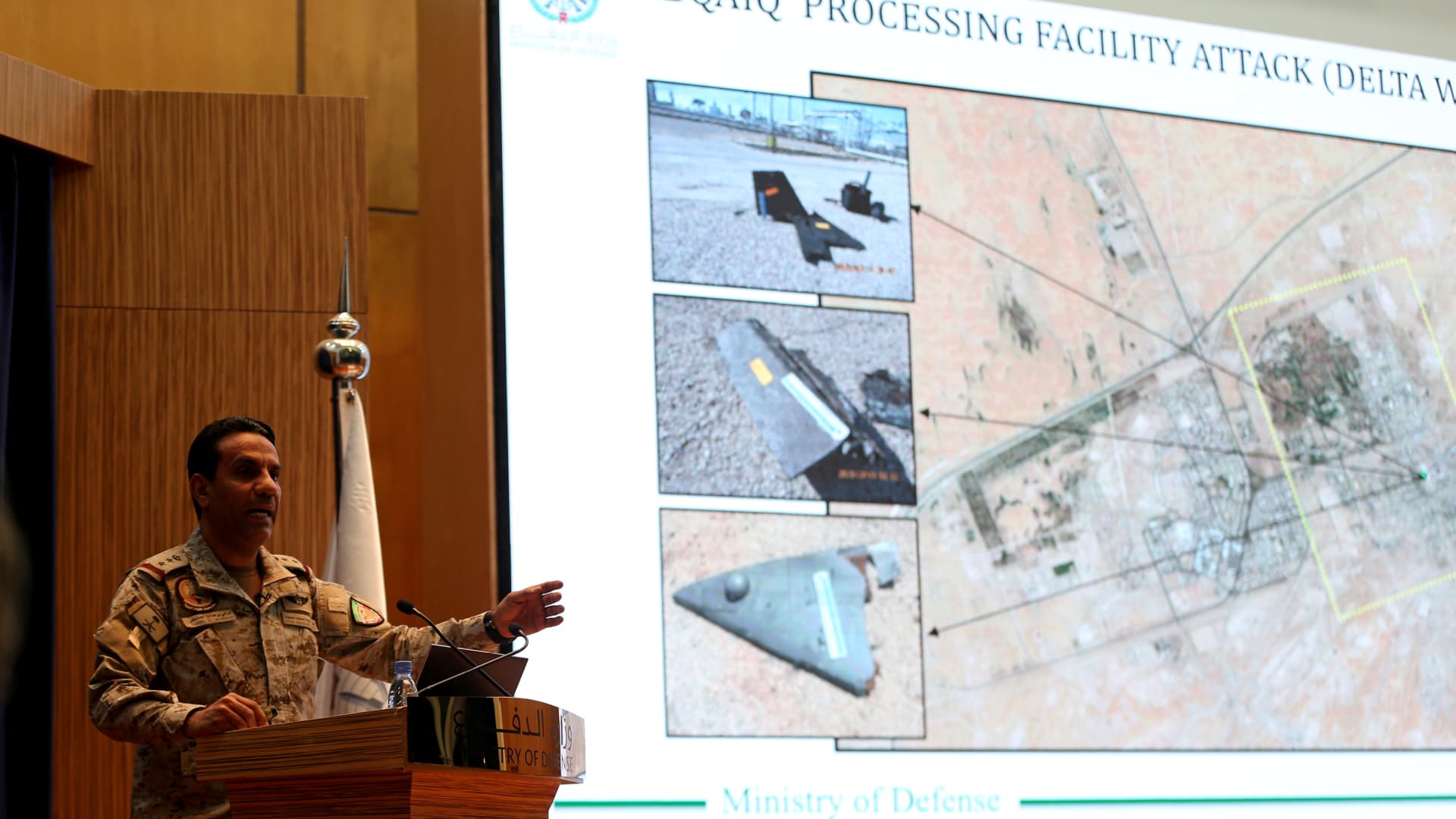 Saudi defence ministry spokesman Colonel Turki Al-Malik displays on a screen drones which the Saudi government says attacked an Aramco oil facility, during a news conference in Riyadh, Saudi Arabia September 18, 2019.