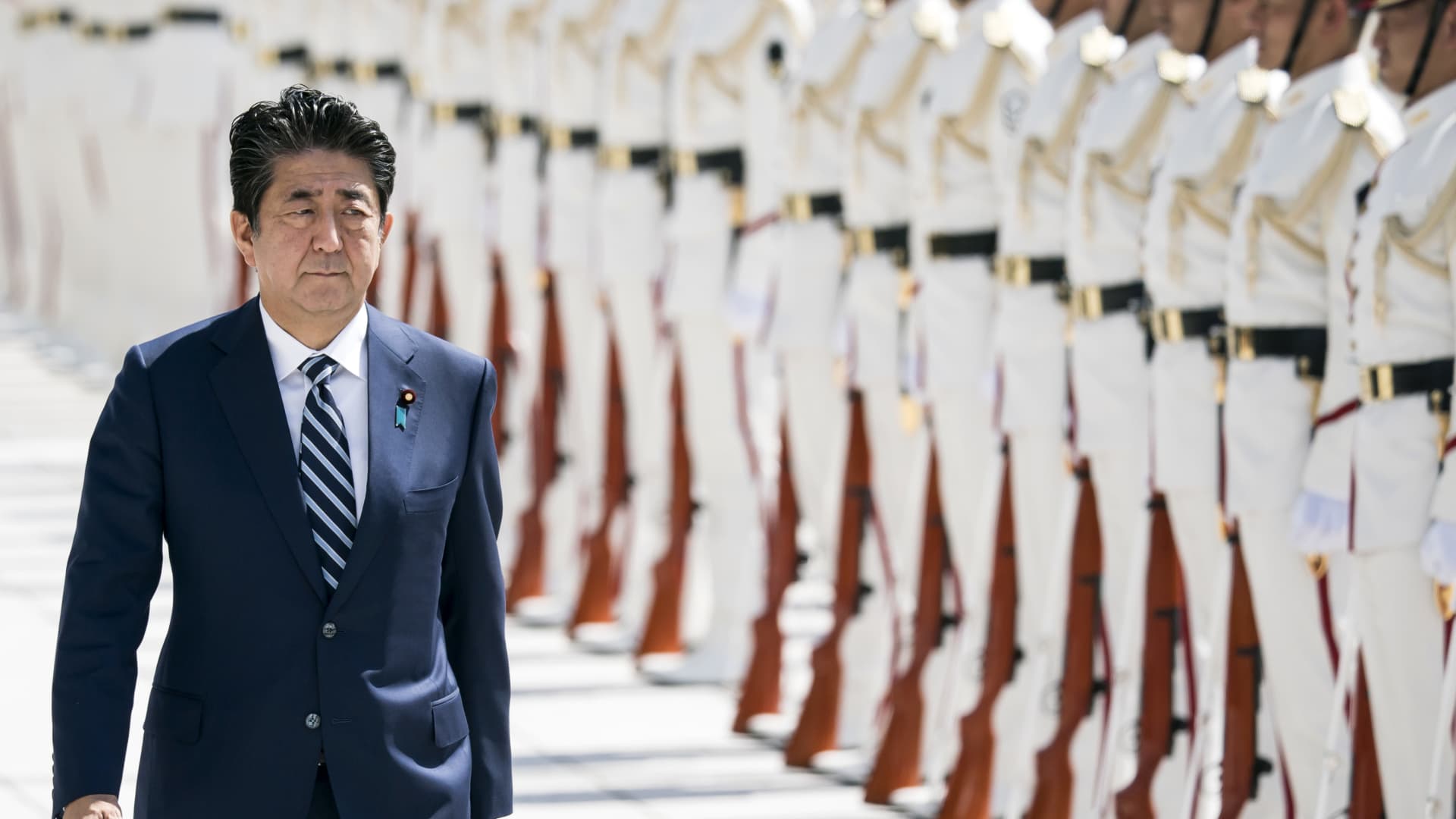 Japan's Prime Minister Shinzo Abe inspects an honor guard ahead of a Self Defense Forces senior officers' meeting at the Ministry of Defense on Sep. 17, 2019 in Tokyo, Japan.