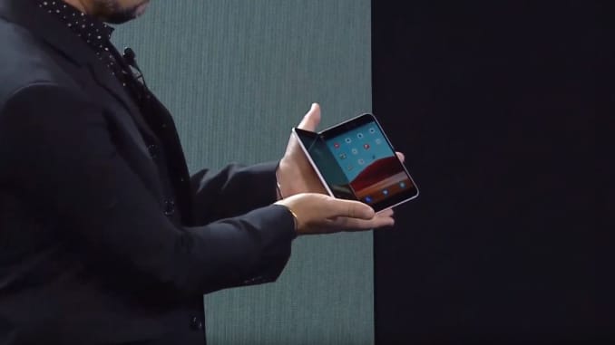 Panos Panay, Microsoft's chief product officer, holds up the new Surface Duo.