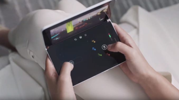 The Duo folds open so that the second screen can be used as a game controller.