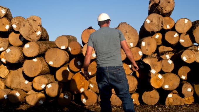 Un empleado mira troncos de madera apilados en pilas en el patio de Superior Hardwoods of Ohio Inc. en Barlow, Ohio.