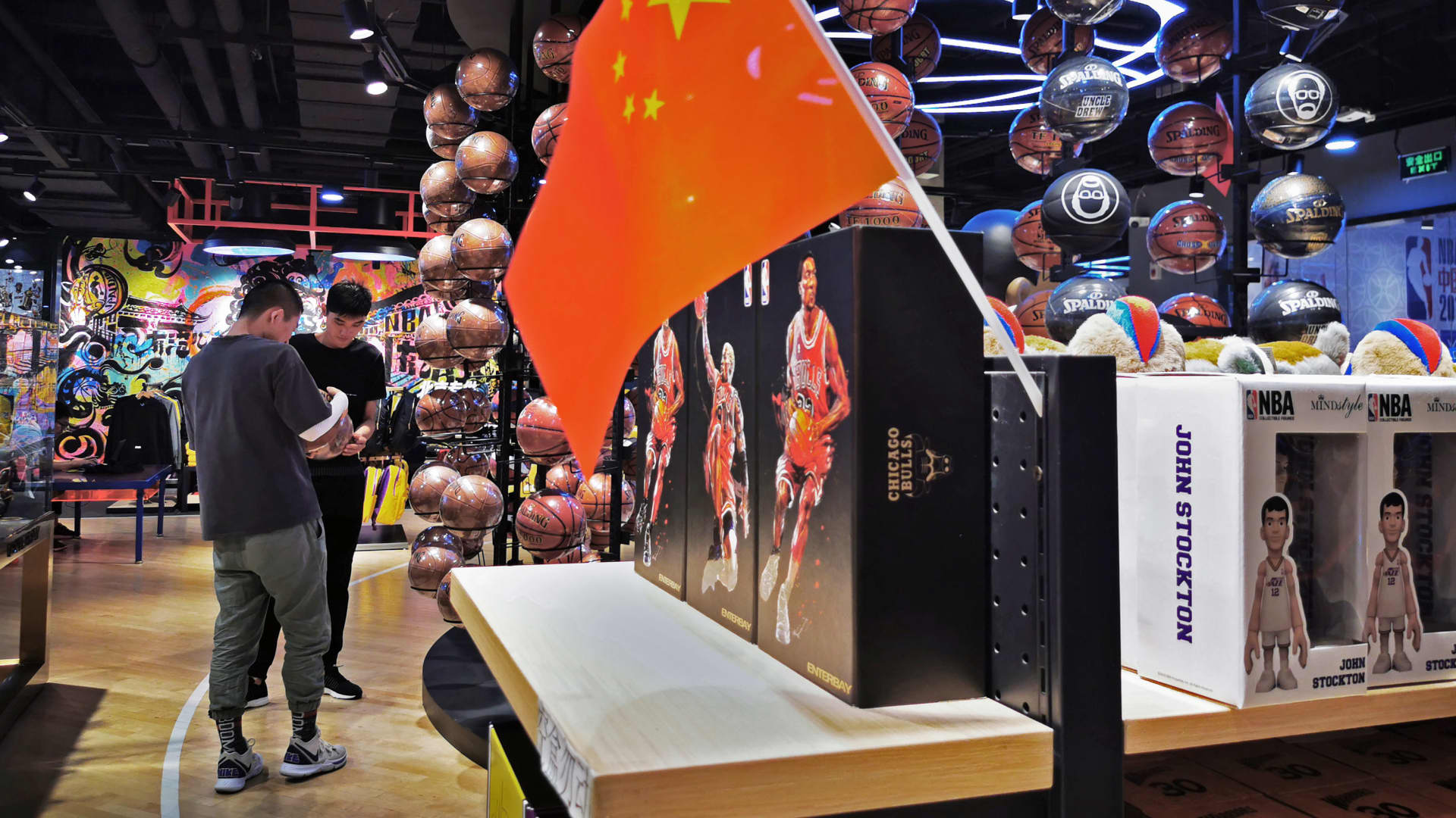 A Chinese flag is placed on merchandise in the NBA flagship retail store on October 9, 2019 in Beijing, China.