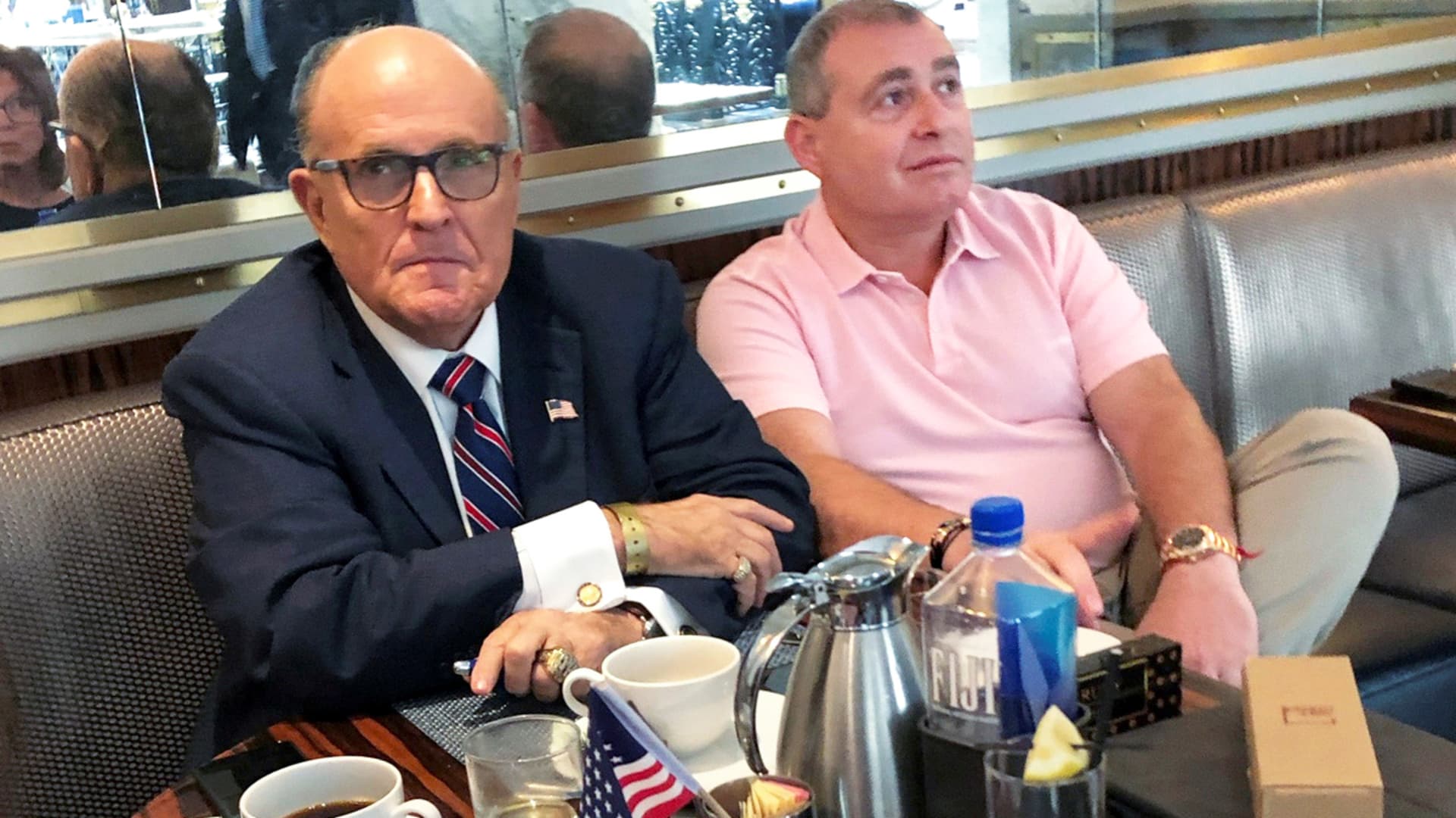 President Trump's personal lawyer Rudy Giuliani has coffee with Ukrainian-American businessman Lev Parnas at the Trump International Hotel in Washington, September 20, 2019.