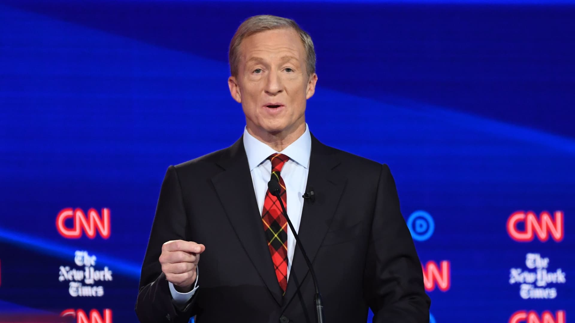 Democratic presidential hopeful businessman Tom Steyer speaks during the fourth Democratic primary debate of the 2020 presidential campaign season co-hosted by The New York Times and CNN at Otterbein University in Westerville, Ohio on October 15, 2019.