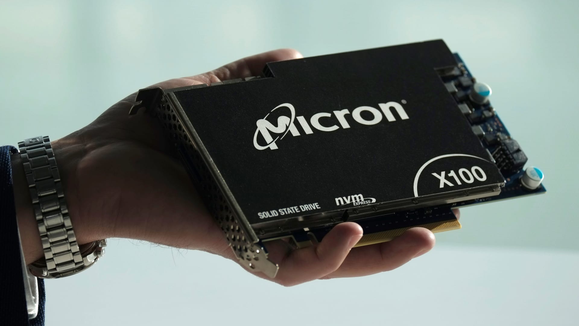 Micron Technology's hard drive for data center customers is presented at a product launch event in San Francisco, October 24, 2019.