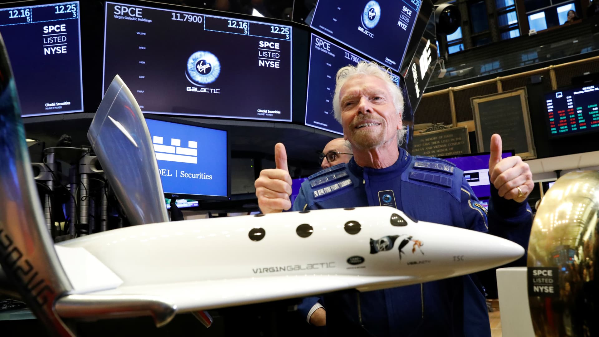 Sir Richard Branson stands on the floor of the New York Stock Exchange (NYSE) ahead of Virgin Galactic (SPCE) trading in New York, U.S., October 28, 2019.