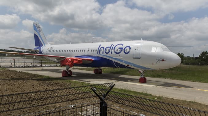 An undelivered Airbus passenger jet, operated by IndiGo, on the tarmac at Toulouse-Blagnac airport on May 15, 2016.