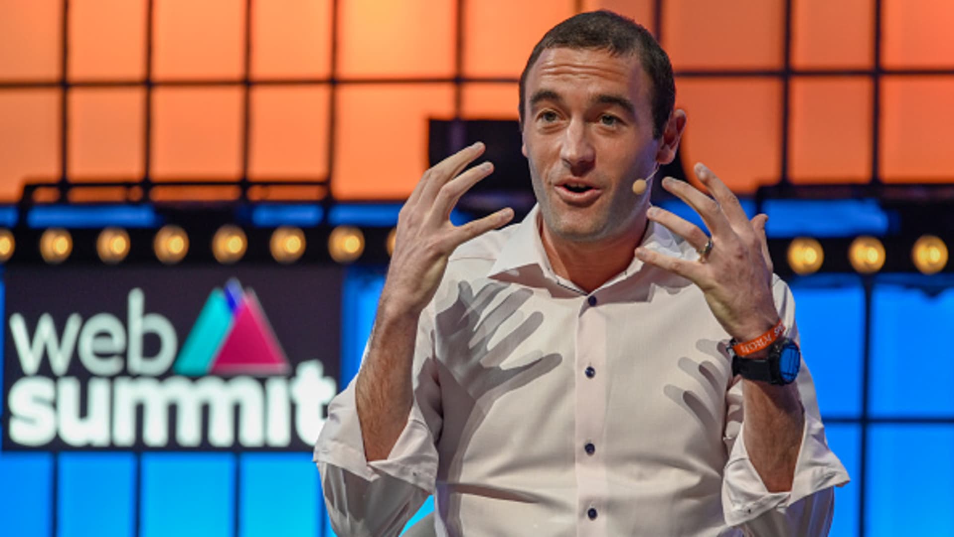 Kevin Weil, VP of product at Facebook's Calibra, speaks on stage at the Web Summit technology conference in Lisbon, Portugal on November 5, 2019.