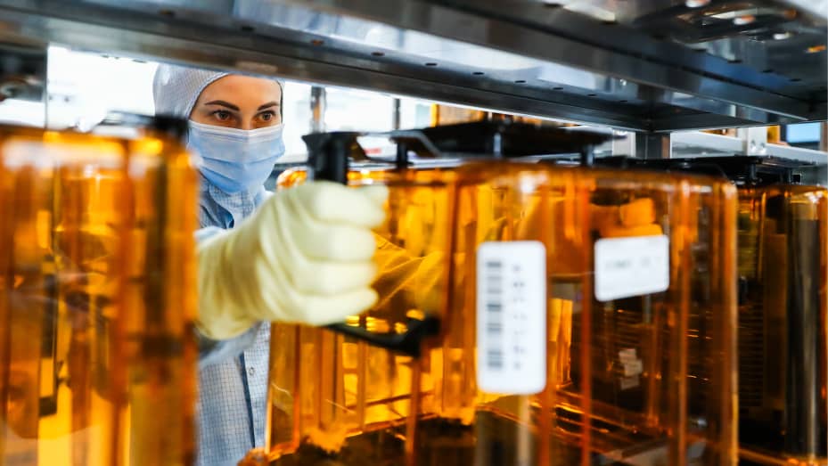 A worker at the photolithography section of a semiconductor plant of the Mikron Group in Zelenograd, Moscow.