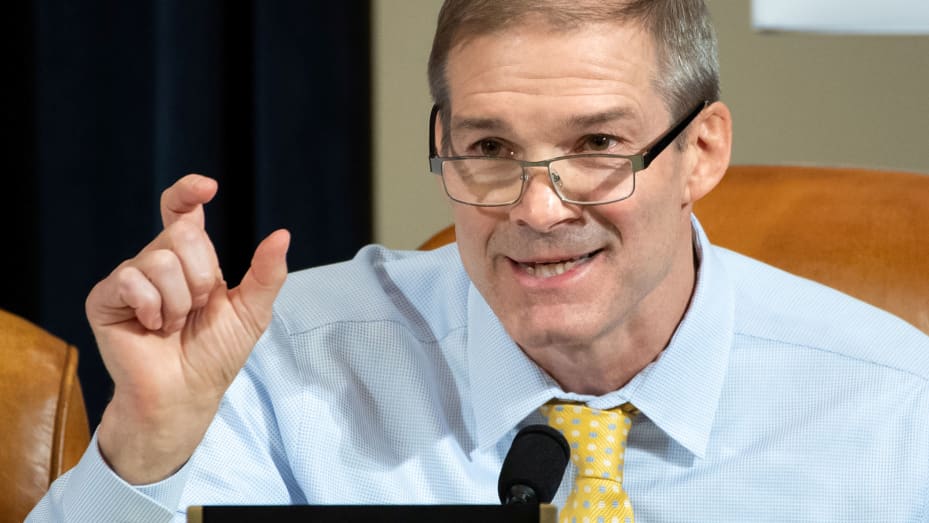 Representative Jim Jordan, Republican of Ohio, asks questions of witnesses U.S. Ambassador to Ukraine William Taylor and Deputy Assistant Secretary George Kent during the first public hearings held by the House Permanent Select Committee on Intelligence a