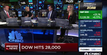 Dow closes over 28,000