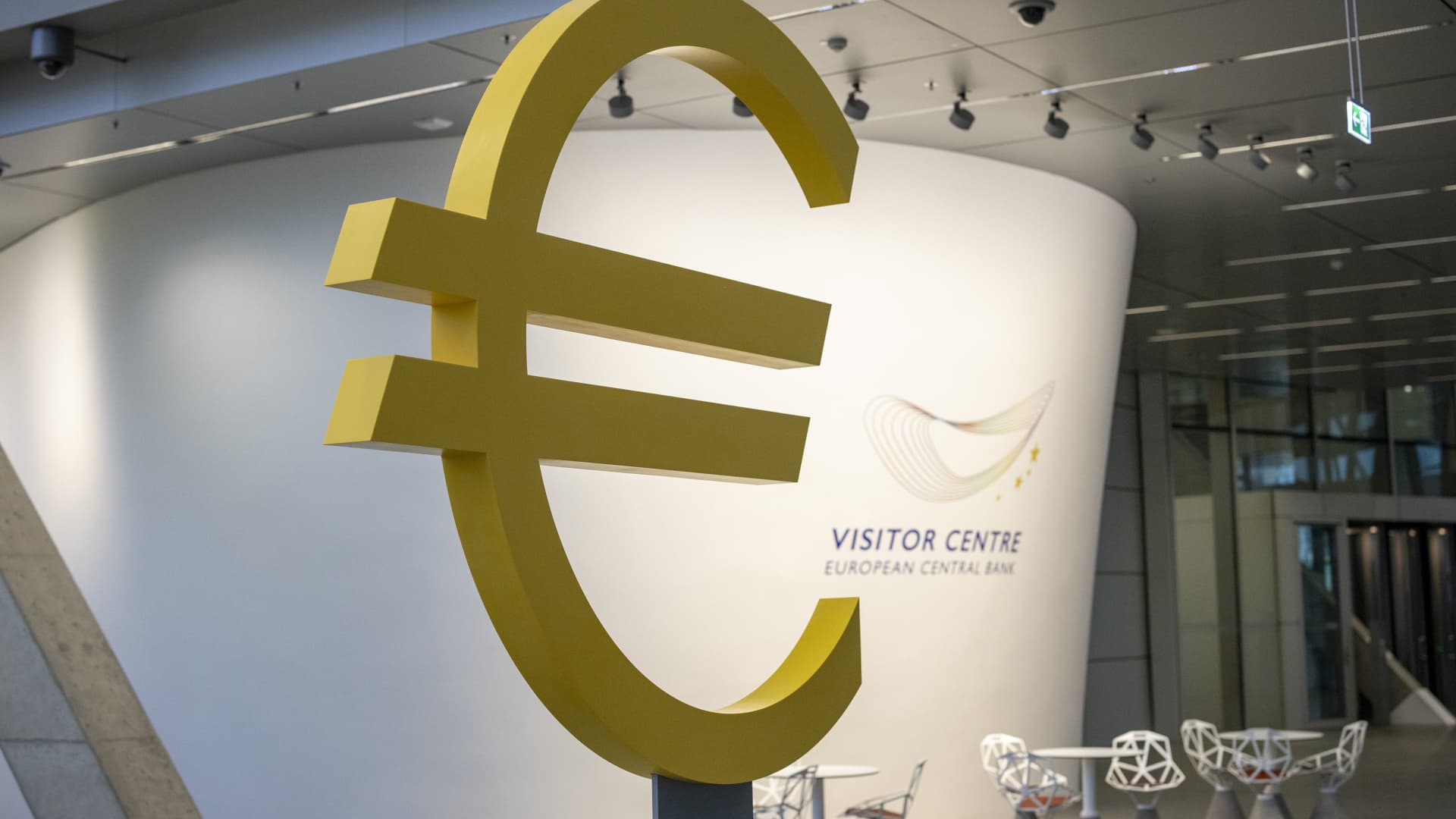 A euro currency symbol sits on display in the visitor centre at the European Central Bank (ECB) building in Frankfurt, Germany.