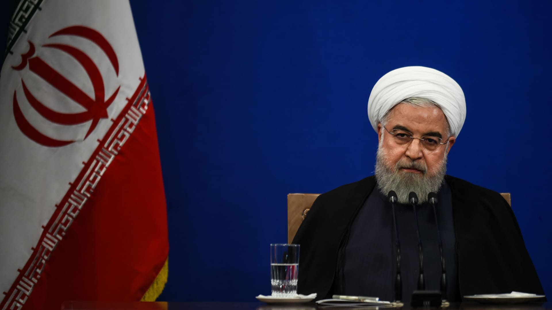 Hassan Rouhani, Iran's president, pauses whilst speaking during a news conference in Tehran, Iran, on Monday, Oct. 14, 2019.