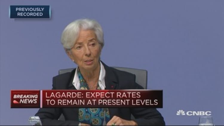 Lagarde gives press conference at debut ECB meeting