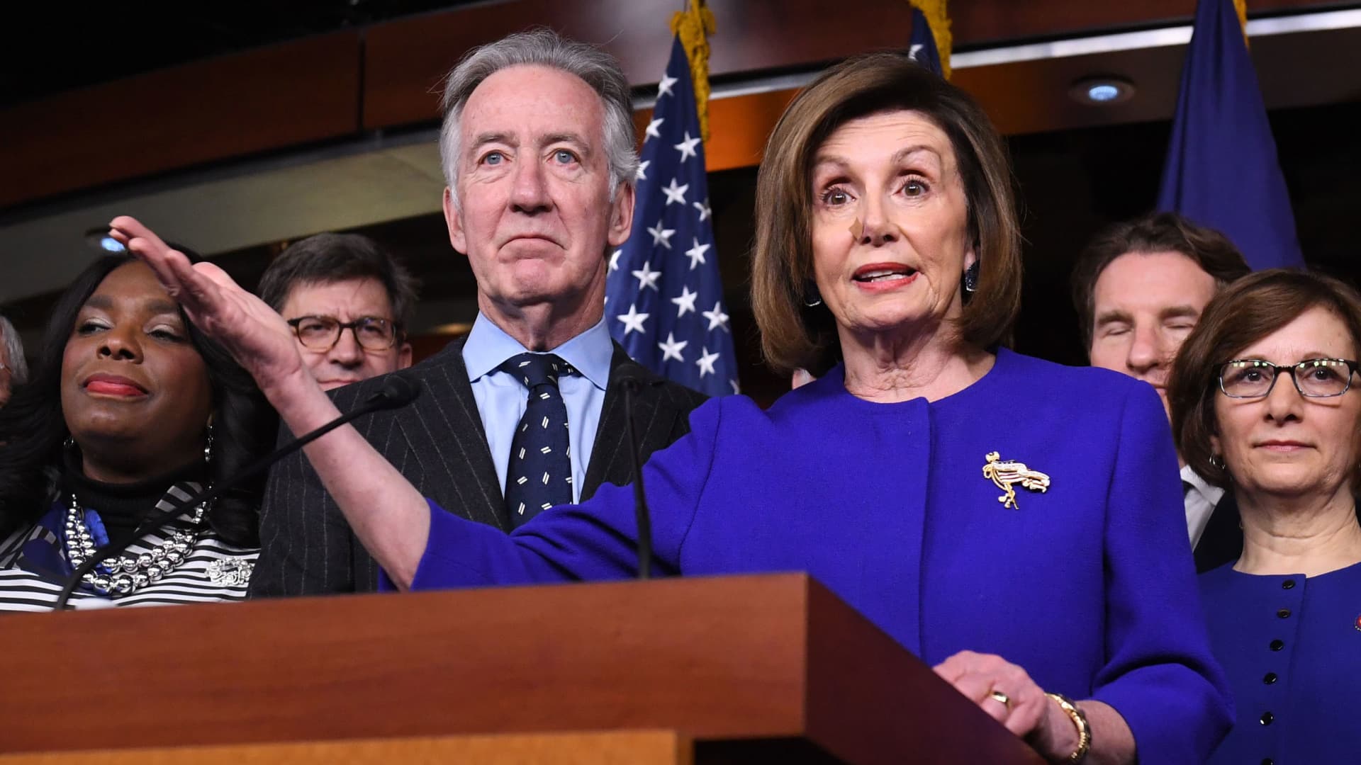 Speaker of the House Nancy Pelosi and House Ways and Means Committee Chairman Richard Neal (L), Democrat of Massachusetts, speaks about the US - Mexico - Canada Agreement, known as the USMCA, on Capitol Hill in Washington, DC, December 10, 2019.