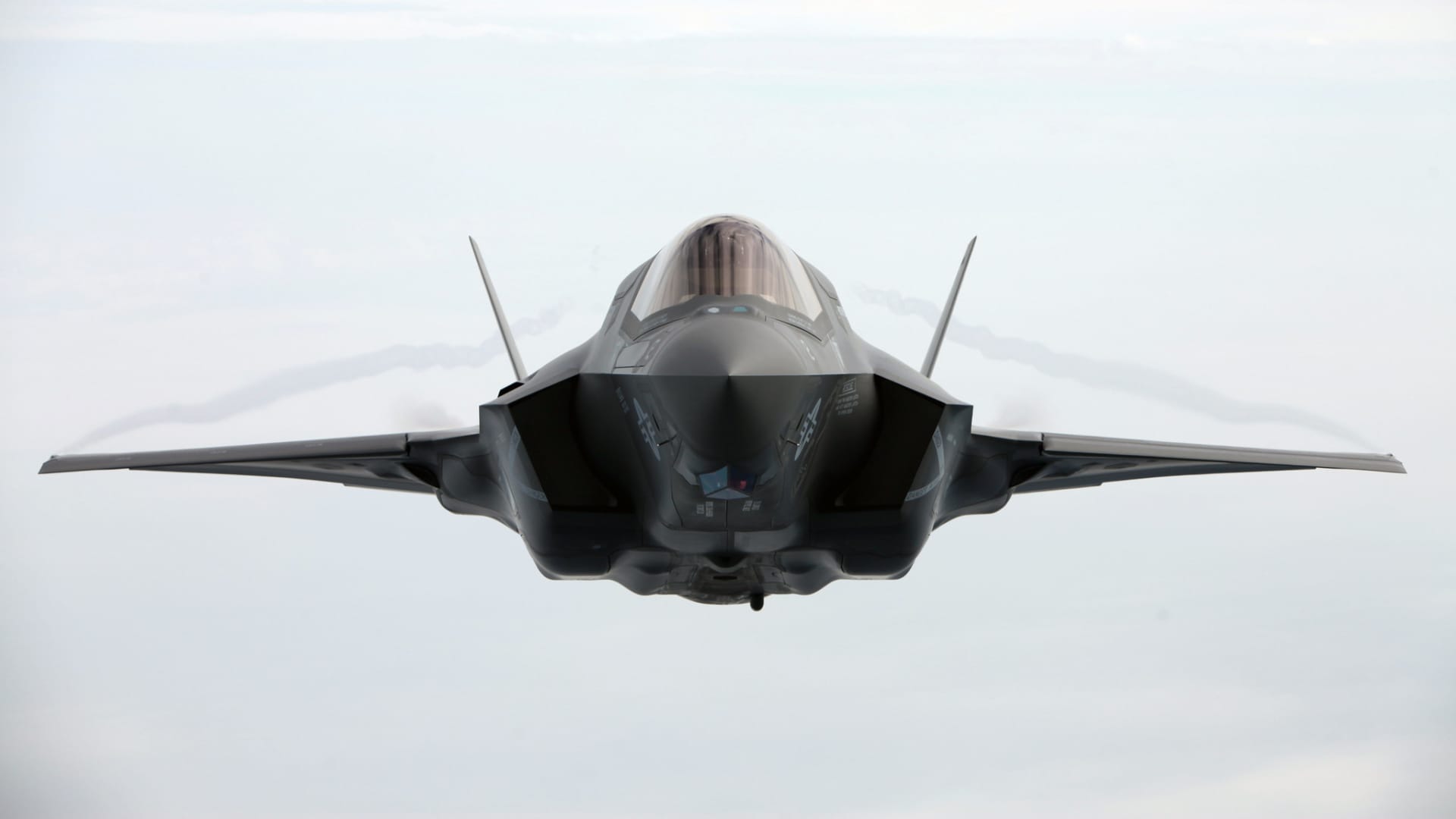 A naval aviator with Marine Fighter Attack Training Squadron 501 flies an F-35 above North Carolina during aerial refueling training on April 14, 2015.