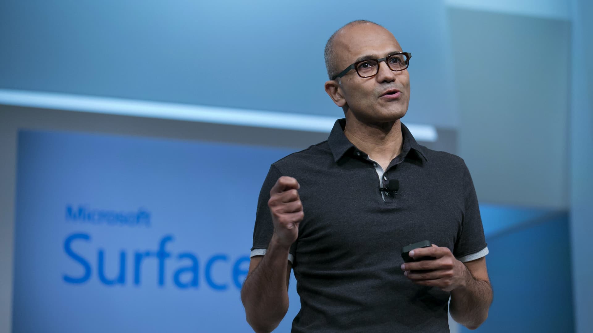 Satya Nadella, chief executive officer of Microsoft Corp., speaks during the unveiling of the Surface Pro 3 at an event in New York on May 20, 2014.